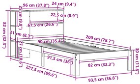 Cama com estante sem colchão 90x200cm pinho maciço castanho-mel