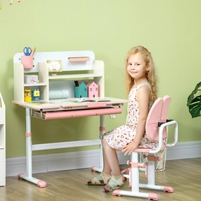 Conjunto de Secretária e Cadeira para Crianças com Altura Ajustável Gaveta Prateleiras e Bancada Inclinável 80x52x88-109 cm Rosa e Branco
