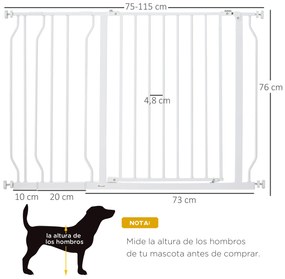 Barreira de Segurança para Cães Extensível para Escadas e Portas 75-115cm com 2 Extensões e 10-20cm Montagem a Pressão Aço Altura 76cm Branco