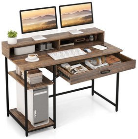 Mesa de computador em formato de L com tomada elétrica, suporte para CPU e estrutura de metal resistente, mesa de canto marrom