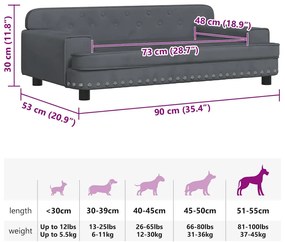 Cama para cães 90x53x30 cm veludo cinzento-escuro