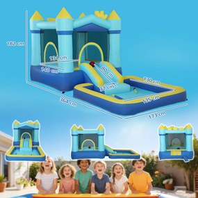 Castelo Insuflável para Crianças com Insuflador, Escorrega, Cama Elástica, Piscina e Aro de Basquetebol para Crianças dos 3 aos 8 Anos, Azul
