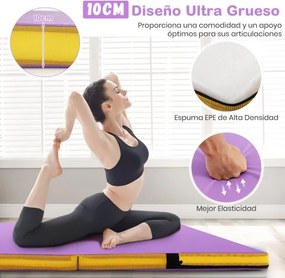 Colchão de ginástica dobrável 122 cm x 122 cm x 10 cm com capa de couro artificial e alças de transporte roxo