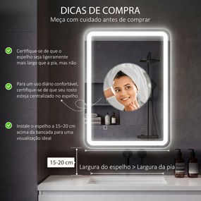 Espelho Casa de Banho com Luzes LED 70x90 cm Função Antiembaciamento 3 Temperaturas de Cor Ajustável e Função de Memória Prata
