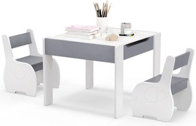 Conjunto de mesa e 2 cadeiras para crianças Mesa de atividades em madeira 4 em 1 para arte, desenho, leitura e quadro removível Cinzento e branco