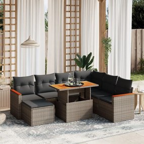 8 pcs conjunto sofás de jardim c/ almofadões vime PE cinzento