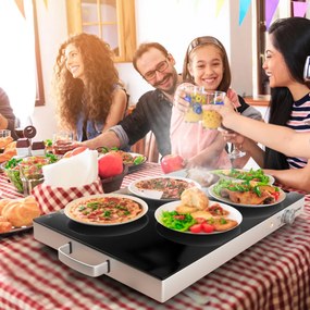 Bandeja aquecedora de aço inoxidável 300 W com tampa de vidro temperado e temperatura ajustável, ideal para buffets, festas e eventos