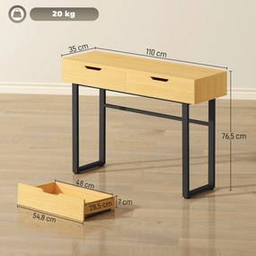 Mesa consola 110 (C) x 35 (P) x 76,5 (A) cm estreita com 2 gavetas, estrutura em metal e design sem puxadores, cor natural