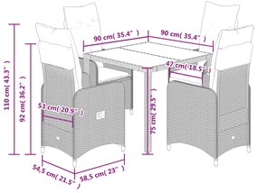 5 pcs conjunto bistrô de jardim c/ almofadões vime PE cinza