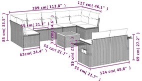 10 pcs conjunto sofás de jardim c/ almofadões vime PE cinzento