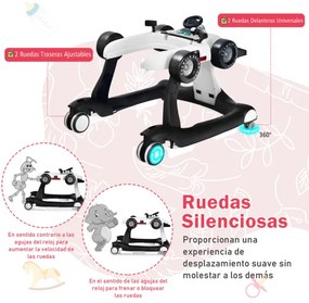 Andador 4 em 1 para crianças, dobrável, atividade de empurrar, com altura ajustável e carrilhão de velocidade com luzes, volante Branco