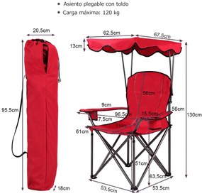 Cadeira de campismo dobrável com toldo para sombra Suporte para copos Cadeira de praia Carga 120 kg 53,5 x 53,5 x 130 cm Vermelho