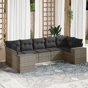 7 pcs conjunto sofás p/ jardim c/ almofadões vime PE cinzento
