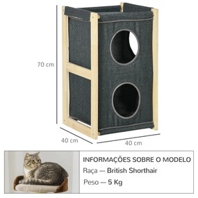 Casa para Gatos de Madeira em Forma de Barril Arranhador para Gatos Casa para Gatos de Interior com 2 Almofadas Amovíveis e Laváveis 40x40x70cm Cinza