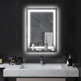 Espelho de parede LED para casa de banho 50 x 70 cm com prateleira integrada, 3 cores, luminosidade ajustável e interruptor tátil prateado
