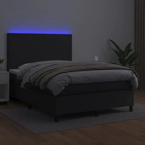 Cama box spring c/ colchão/LED 140x200cm couro artificial preto