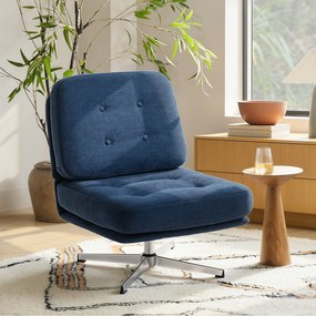 Poltrona de sala sem braços, cadeira giratória em tecido de chenille, assento largo, pés cruzados, 70 x 87 x 84 cm, azul escuro