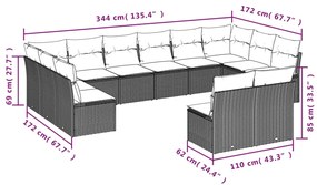 12 pcs conj. sofás jardim com almofadões vime PE cinzento-claro