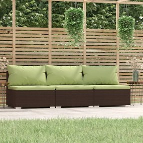 vidaXL Sofá de jardim 3 lugares com almofadões vime PE castanho