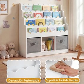 Estante infantil com 4 prateleiras, 3 compartimentos e 2 gavetas 90 x 30 x 91,5 cm, com tecido organizador para brinquedos, a partir dos 3 anos, para