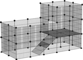 PawHut Cercado Metálico com 39 Painéis para Porquinhos-da-Índia e Ouriços-cacheiros, 2 Níveis, 140x70x105 cm, Preto | Aosom Portugal