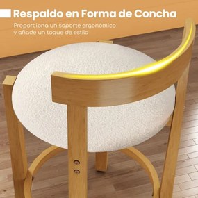 Conjunto de 2 bancos altos de bar estofados em veludo Teddy com encosto e apoio para os pés em madeira Natural+Branco