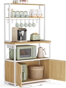 Armario de cozinha 40 x 80 x 170 cm com tomadas e 8 ganchos, cor carvalho dourado e branco