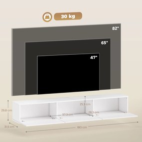 Móvel de TV suspenso de 180 (L) x 31,5 (P) x 29,8 (A) cm, móvel para televisores até 82 polegadas, com 3 portas rebatíveis com fecho suave, branco