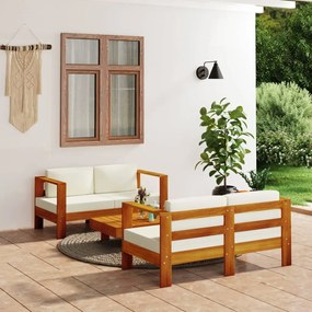 vidaXL 3pcs conj. lounge jardim c/ almofadões cor creme madeira maciça