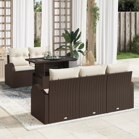 Conjunto de Sofá de Jardim de 6 Peças com Almofadas em Vime Castanho P