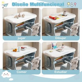 Conjunto de mesa e cadeira para crianças com quadro negro inclinado, suporte para livros e prateleira côncava para maiores de 3 anos, Azul