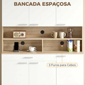 Armário de Cozinha Alto com 6 Portas e Grande Gaveta Prateleiras Bancada Ampla para Micro-ondas 120x40x175 cm Branco e Madeira