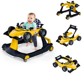 Andador 4 em 1 para crianças, dobrável, atividade de empurrar, com altura ajustável e carrilhão de velocidade com luzes, volante Amarelo