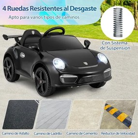 Carro elétrico para crianças de 12 V Porsche licenciado com comando à distância, música, luzes LED, buzina, arranque suave, Preto