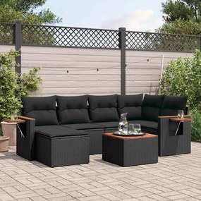 7 pcs conjunto de sofás p/ jardim c/ almofadões vime PE preto