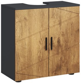 Kleankin Móvel de Casa de Banho para Lavatório de 2 Portas com Prateleira 60x30x60 cm Cinza Antracite e Aspecto de Madeira | Aosom Portugal