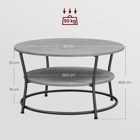 Mesa de centro redonda com prateleira design industrial 80 cm cinzento-preto 