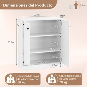 Armário de armazenamento  72 x 34 x 85,5 cm, com 2 portas e 3 estantes branco