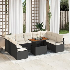 Conjunto de Sofá de Jardim vidaXL de 10 Peças com Almofadas Preto Vime Poliéster Acácia