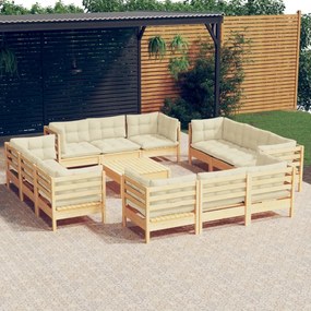 vidaXL 13 pcs conjunto lounge jardim c/ almofadões cor creme pinho