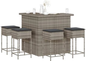5 pcs conjunto de bar p/ jardim c/ almofadões vime PE cinzento