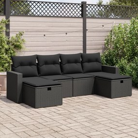 6 pcs conjunto sofás de jardim c/ almofadões vime PE preto