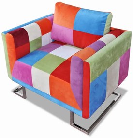 Poltrona cubo com pés cromados, tecido com design de retalhos