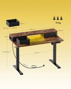 Secretária elétrica alta ajustável em altura, 120 x 60 x (72-120) cm, com suporte para monitor e estação de carregamento castanha