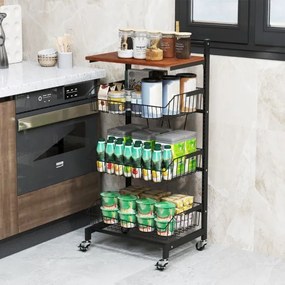 Carrinho de arrumação de cozinha de 4 níveis com rodas Altura ajustável e cestos amovíveis 40 x 31 x 88 cm Preto/castanho