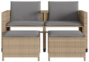 Sofá de jardim de 2 lugares com mesa e bancos vime PE bege