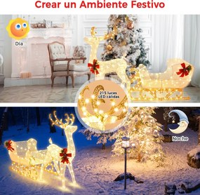 Conjunto de Rena e Trenó do Pai Natal, 50 x 184 x 123 cm, Pré-iluminado com 215 Luzes LED, Branco