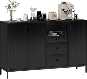 Aparador com 3 Portas e 3 Gavetas Prateleiras Ajustáveis para Cozinha, Entrada Sala de Jantar Quarto 143,5x40x90 cm Preto
