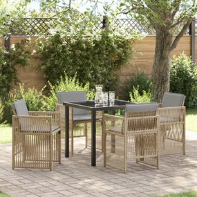 Conjunto de Jantar para Jardim vidaXL de 5 Peças com Almofadas Bege de Rattan Poliéster