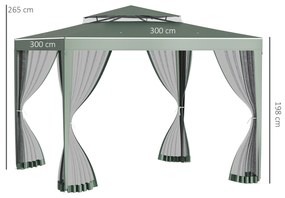 Outsunny Pérgola de Jardim 3x3m Pérgola com 4 Redes Mosquiteiras Laterais com Zíper Teto de Ventilação e 8 Orifícios de Drenagem Pérgola para Terraço Pátio Exterior Verde